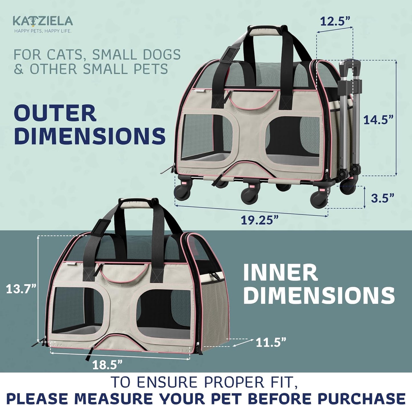 Pet Carrier - Airline Compliant Dog Carrier - TSA Approved Pet Carrier for Small Dogs and Cats - Soft FAA Travel Airplane Dog Carrier Luggage (Gray/Pink-6 Wheels)
