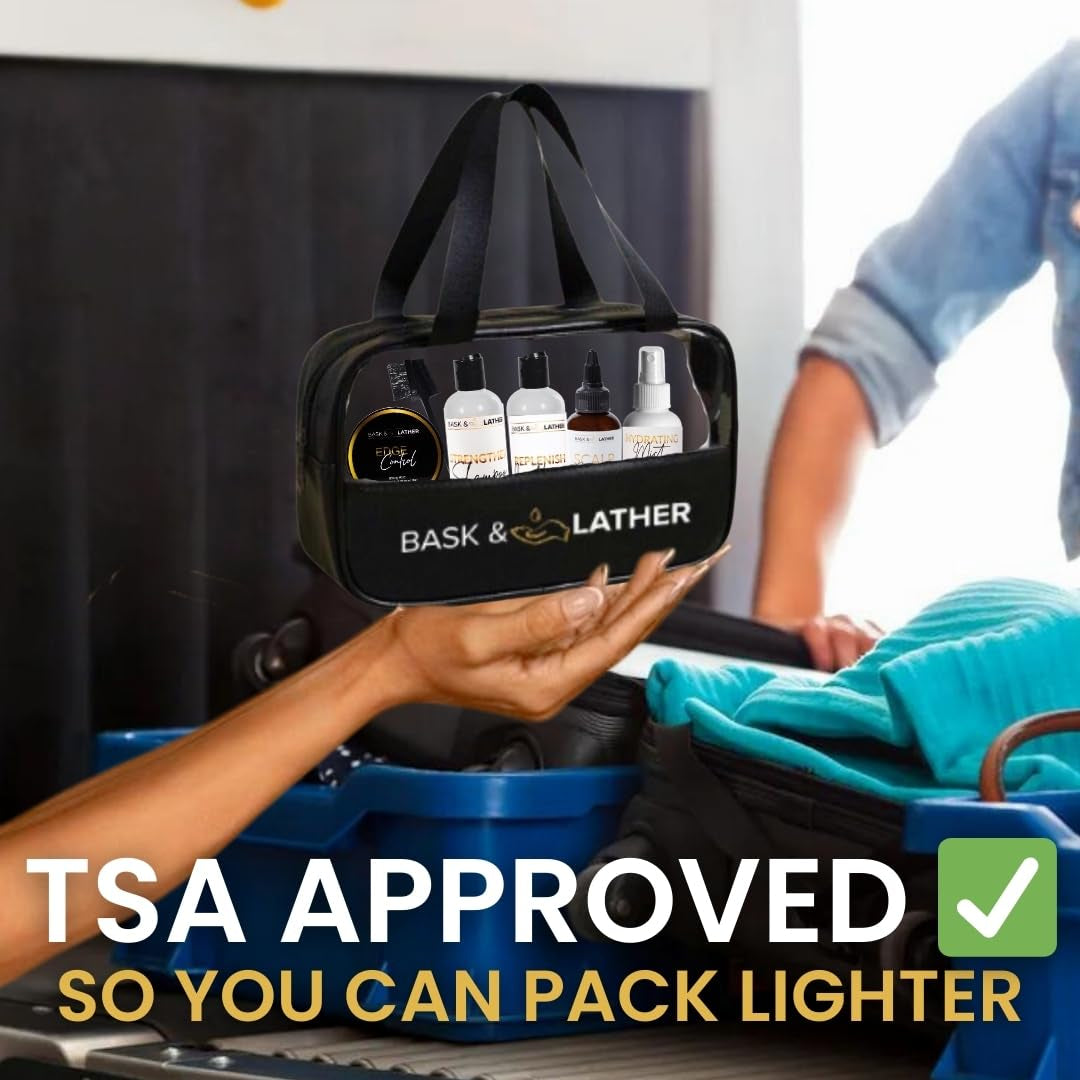 on the Go Travel Essential Kit, Hydrating Hair Products for Black Hair, Travel Case with Shampoo & Conditioner, Mist, Edge Control, Scalp Stimulator & Edge Control Brush, TSA Accepted
