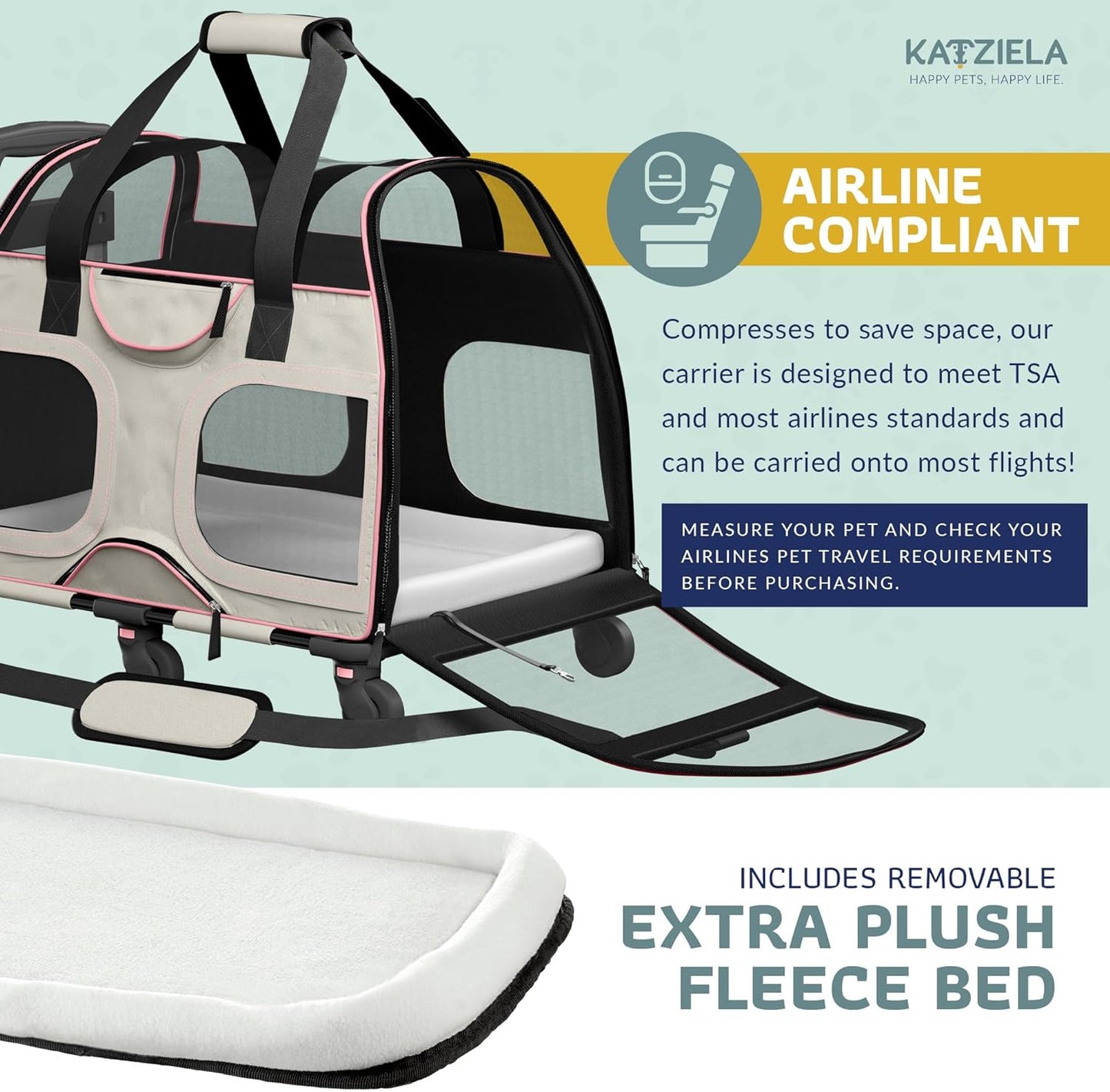 Pet Carrier - Airline Compliant Dog Carrier - TSA Approved Pet Carrier for Small Dogs and Cats - Soft FAA Travel Airplane Dog Carrier Luggage (Gray/Pink-6 Wheels)