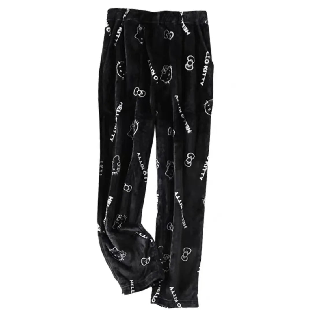 2024 Hello Kitty Pajamas Halloween Flannel Fashion Trouserswomen Kawaii Woolen Anime Cartoon Casual Home Pants Autumn