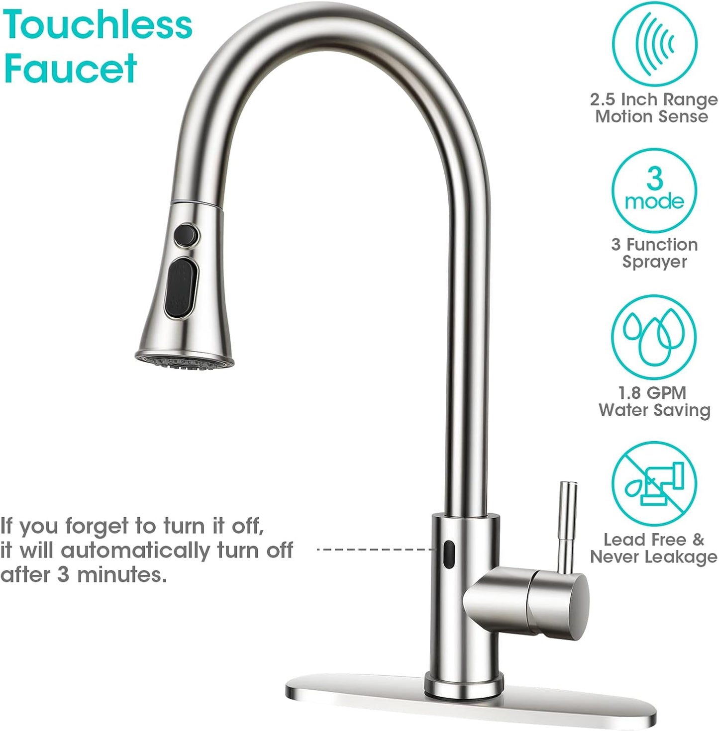 Touchless Kitchen Faucet with Pull down Sprayer Bar/Laundry/Rv Kitchen Faucets-Brushed Nickel Stainless Steel Kitchen Sink Faucet with Deck Plate-Easy Installation with Included Working Gloves