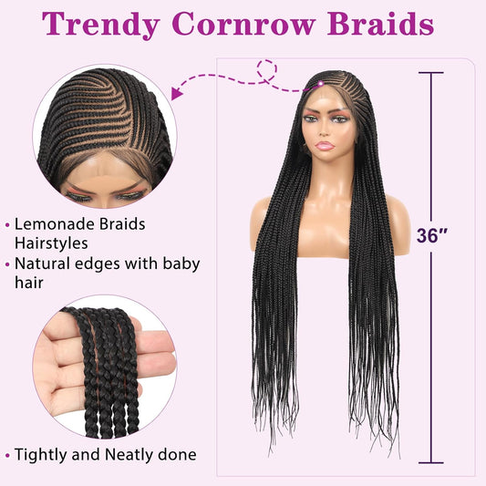 13X8 HD Lace Front Cornrow Braided Wigs Leomonde Box Braid Wig with Baby Hair 36 Inch Long Black Braided Hair Wig for Women