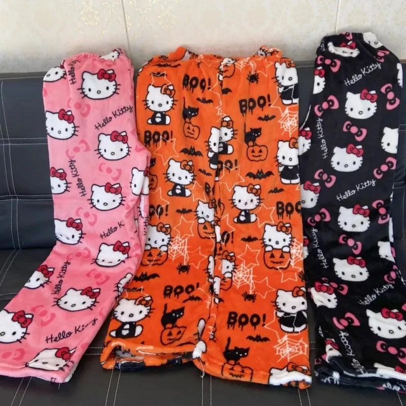 2024 Hello Kitty Pajamas Halloween Flannel Fashion Trouserswomen Kawaii Woolen Anime Cartoon Casual Home Pants Autumn