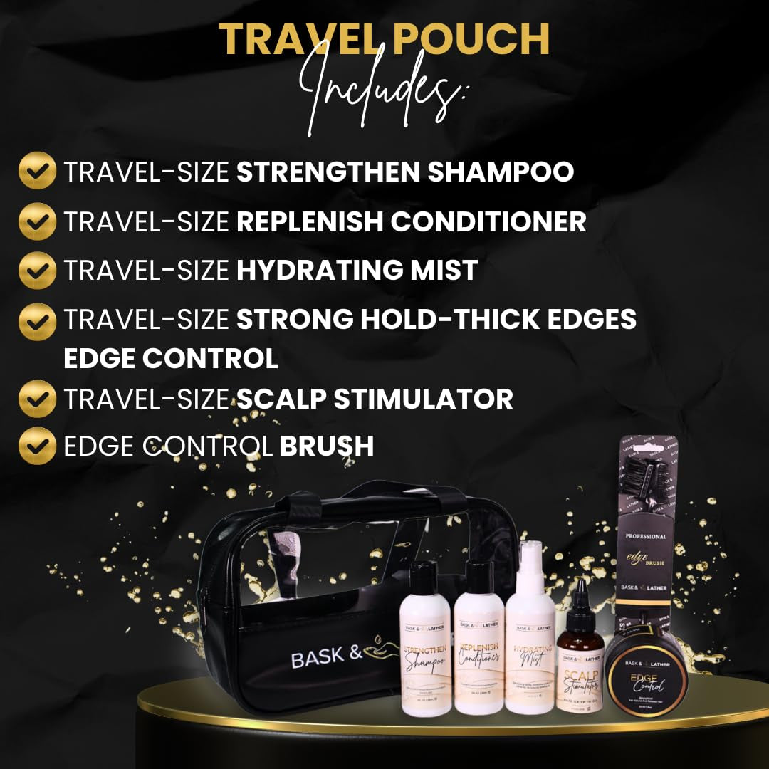 on the Go Travel Essential Kit, Hydrating Hair Products for Black Hair, Travel Case with Shampoo & Conditioner, Mist, Edge Control, Scalp Stimulator & Edge Control Brush, TSA Accepted