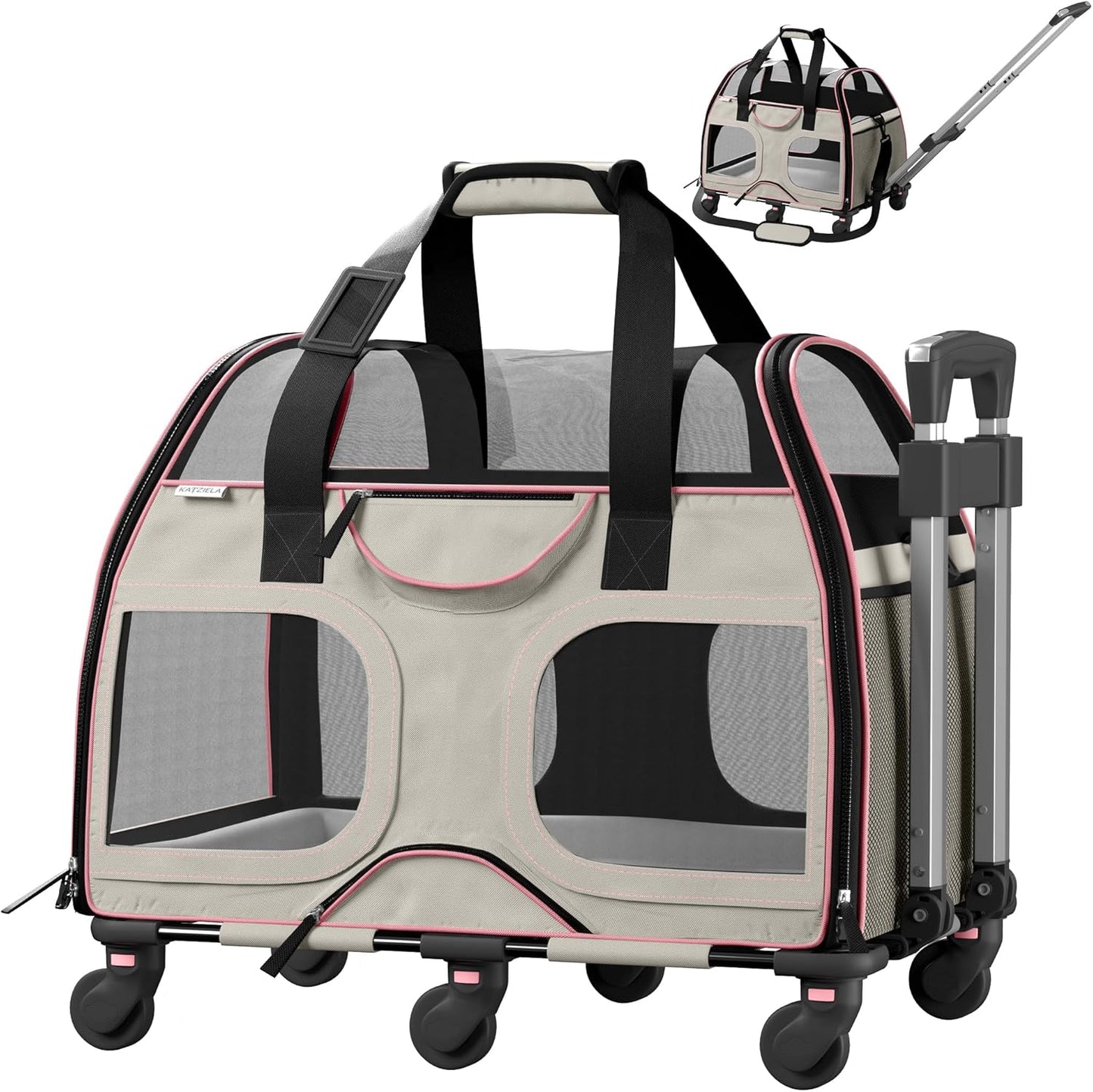 Pet Carrier - Airline Compliant Dog Carrier - TSA Approved Pet Carrier for Small Dogs and Cats - Soft FAA Travel Airplane Dog Carrier Luggage (Gray/Pink-6 Wheels)