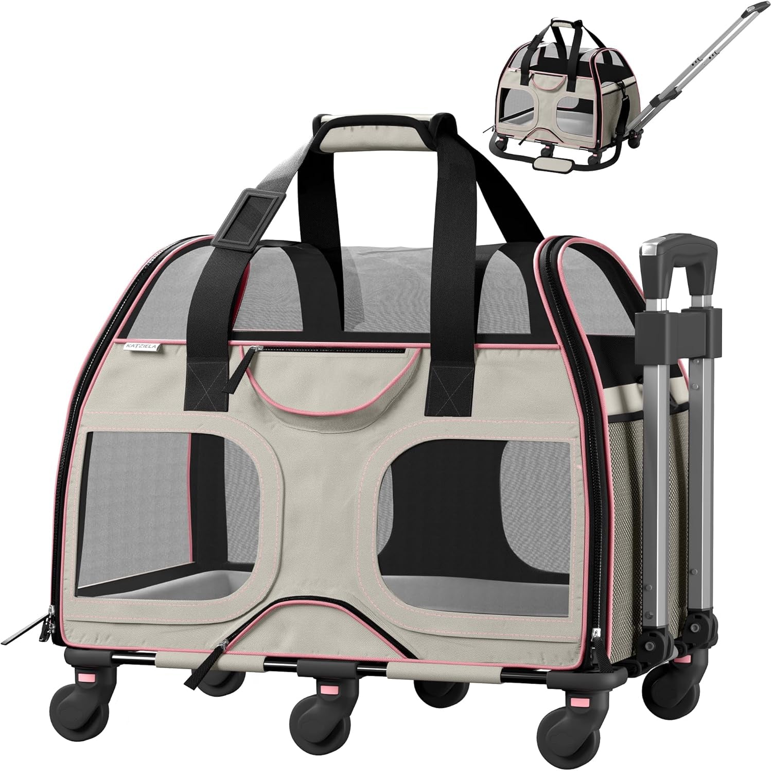 Pet Carrier - Airline Compliant Dog Carrier - TSA Approved Pet Carrier for Small Dogs and Cats - Soft FAA Travel Airplane Dog Carrier Luggage (Gray/Pink-6 Wheels)