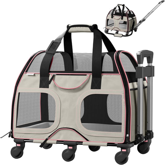 Pet Carrier - Airline Compliant Dog Carrier - TSA Approved Pet Carrier for Small Dogs and Cats - Soft FAA Travel Airplane Dog Carrier Luggage (Gray/Pink-6 Wheels)